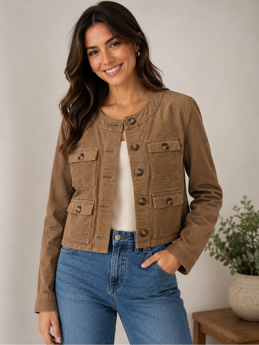 Boden Womens US 8 Brown Corduroy Utility Jacket 4 Pocket Button Front Cropped
